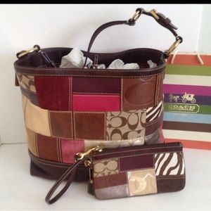 Coach Brown Leather and Suede Patchwork Design H0693-10434 plus Wristlet Tote